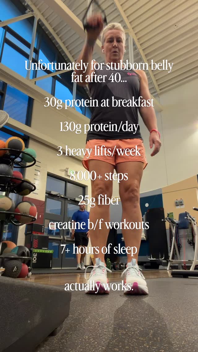 Most women over 40 aren’t struggling because they’re lazy or undisciplined.

They’re struggling because they’ve been told to eat less, do more cardio, and hope the scale eventually cooperates. Sound familiar?? 🤔

But our bodies change.

Muscle, protein and recovery jump to the top of your priority list. 

That’s why I focus on habits that actually support your metabolism instead of fighting it:

✔️ 30g of protein at breakfast
✔️ 130g of total protein per day, including 15-20 with your snacks
✔️ Strength training 3x/week
✔️ 8,000+ daily steps
✔️ 25g of fiber
✔️ Creatine either before or after your workouts 
✔️ 7+ hours of sleep

No gimmicks.
No detoxes.
No starting over every Monday.

Just simple habits that, repeated consistently, can completely change how you feel in your body. 💪🏼

💬 Which one of these habits feels hardest for you right now? Let me know below.